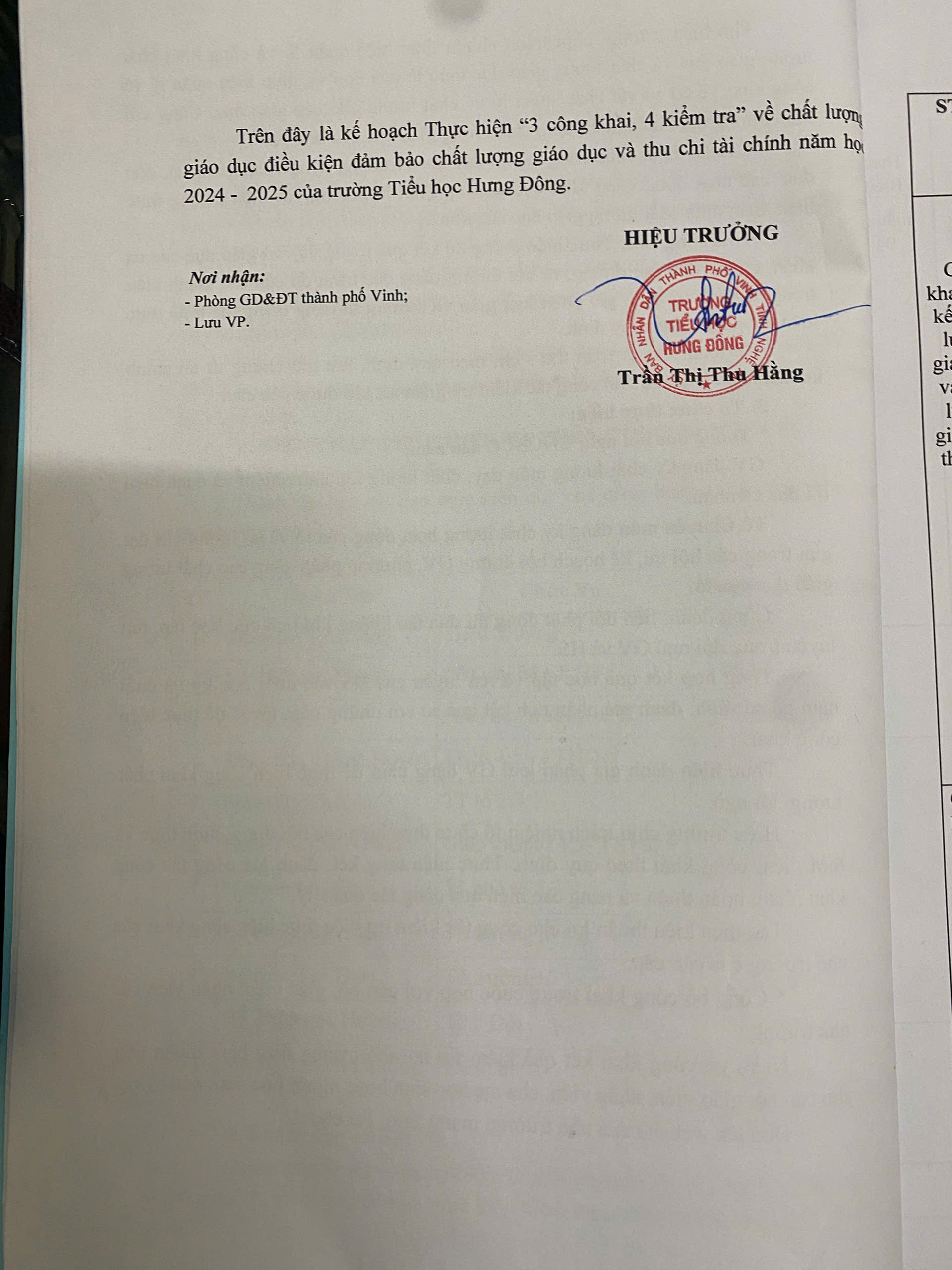 KẾ HOẠCH THỰC HIỆN CÔNG KHAI TẠI TRƯỜNG TH HƯNG ĐÔNG 2024-2025
